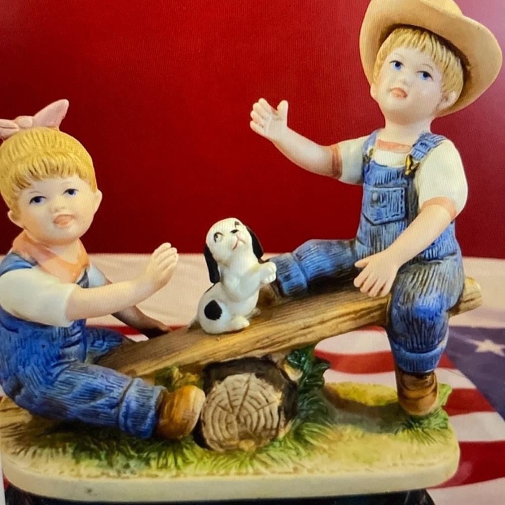 1985 Denim Days Charming Figurine with Children and Puppy item 8827